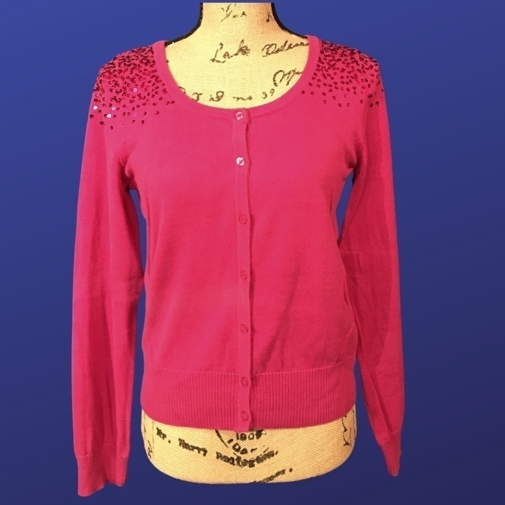 ELLE Sequin Cardigan, 100% Cotton, Long Sleeves, HOT PINK, Size Small, NWOT